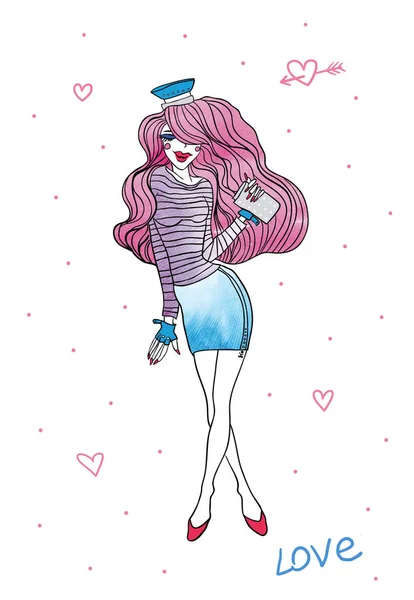 Muchacha Hermosa Moda Con Pelo Rosado Ilustración Moda — Foto de Stock