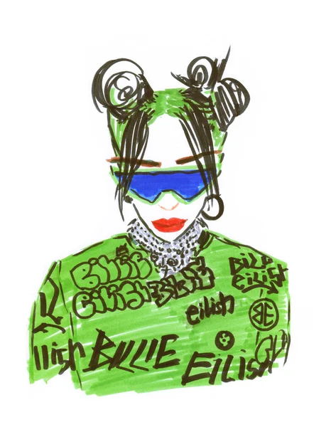 ファッショナブルな女の子歌手ビリー アイリッシュ 手描きファッションイラスト — ストック写真