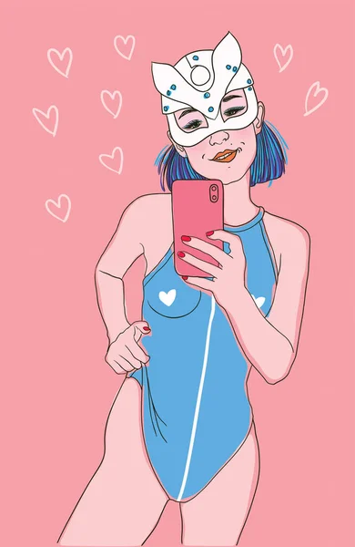 Dívka Masce Vezme Selfie Módní Ilustrace Vektorový Obrázek — Stockový vektor