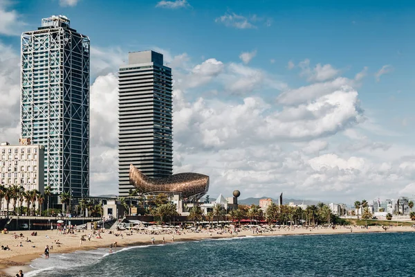 View of Barcelona from the beach of Barceloneta. Royalty Free Stock Photos