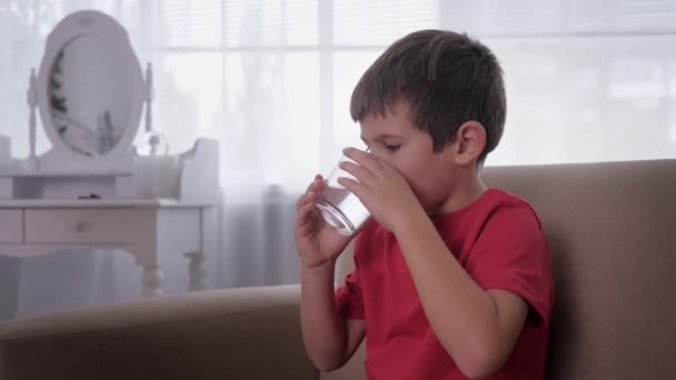 Niño sediento toma un vaso de agua de las manos de sus madres y bebe mientras está sentado en el sofá en casa — Vídeos de Stock