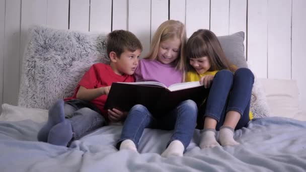 Educazione a casa, bambini svegli intelligenti che fanno i compiti e leggono il libro con felicità seduti sul letto — Video Stock