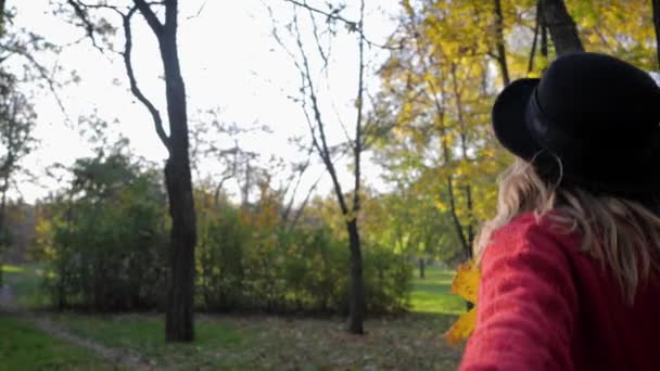 Chica en el parque de otoño, joven mujer sonriente corre alegremente y sostiene la mano de un amigo durante un fin de semana conjunto en la temporada de otoño — Vídeo de stock