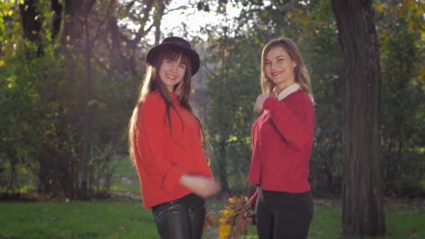 Portrait of young attractive women who smile and call to play with autumn leaves then hug each other on a beautiful warm day in park while relaxing in open air — Stock Video