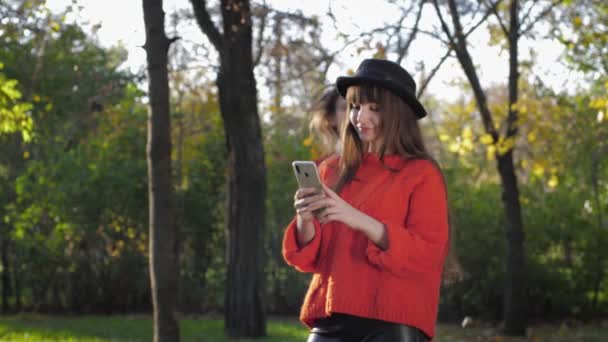 Fröhliche Freundinnen, reizende junge Freundinnen machen Selfies im herbstlichen Rudel vor dem Hintergrund fallender Blätter, während sie sich im Freien entspannen — Stockvideo