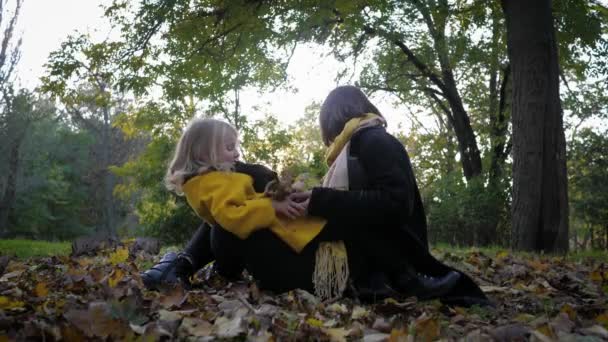 Motherly care, young mother hugs her beloved joyful daughter tightly while sitting on lawn covered with foliage while walking in an autumn park — Stock Video