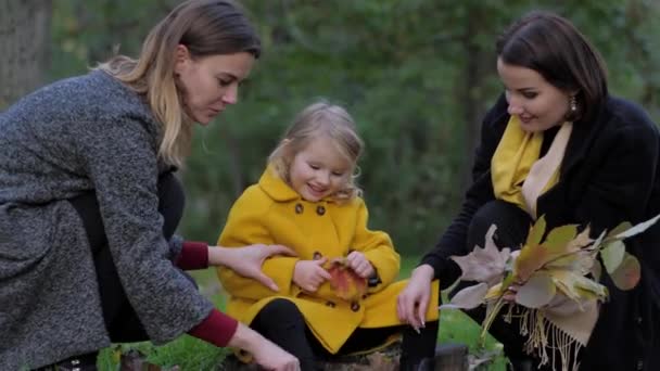 Две очаровательные молодые женщины и милая маленькая девочка собирают букет красивых осенних листьев на газоне в парке в течение осеннего сезона — стоковое видео