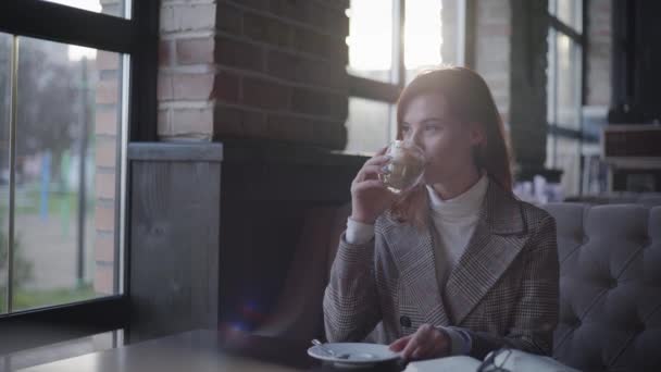 Chica en la cafetería, joven hermosa mujer disfruta de relajarse a la hora del almuerzo, beber café y mirar por la ventana mientras está sentado en la acogedora cafetería — Vídeos de Stock