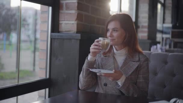 Ritratto di attraente bella bevanda di caffè femminile durante la pausa pranzo godendo della vista dalla finestra mentre seduto in caffè accogliente — Video Stock