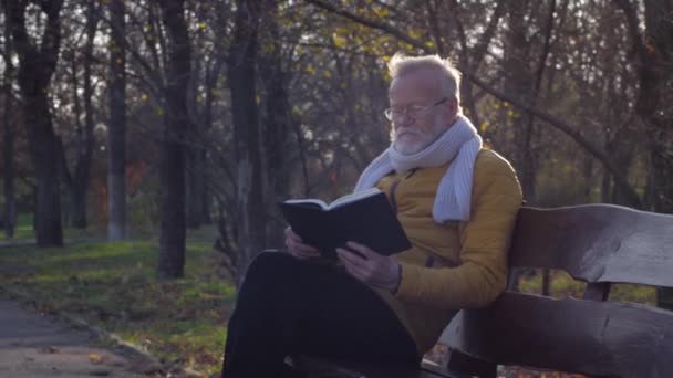 Συνταξιούχος ελεύθερος χρόνος, μεσήλικας γέρος με γυαλιά διαβάζοντας ένα βιβλίο, ενώ κάθεται στον πάγκο σε ένα πάρκο φθινόπωρο — Αρχείο Βίντεο