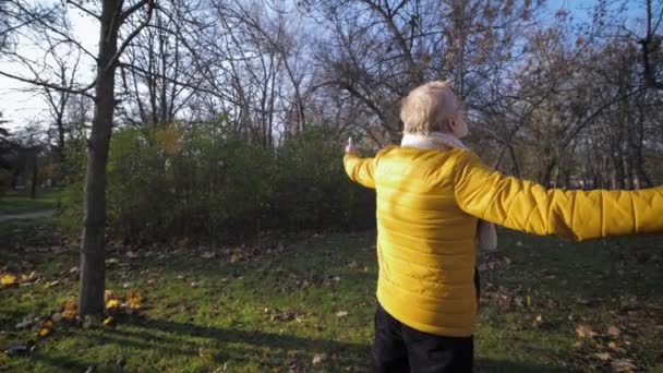 Mogen man med armarna upp virvlar runt medan promenader njuter av frisk luft och sol under en varm höstdag i parken — Stockvideo