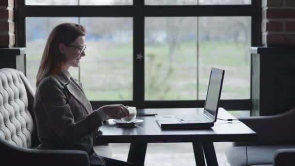 Chica feliz en gafas se comunica con su amigo en línea de comunicación de vídeo utilizando aparatos modernos sentado con el ordenador portátil en la mesa en la cafetería wifi por ventana — Vídeo de stock