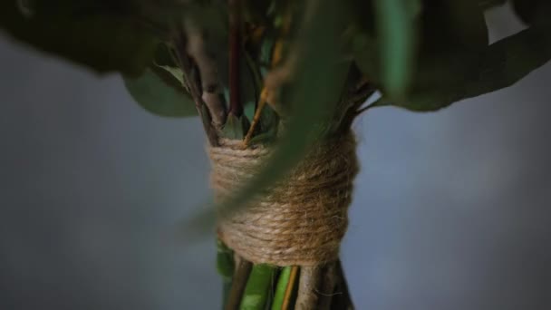 Hobby 's, stengels van bloemen gebonden met touw door professionele bloemist gemaakt mooi boeket van bloemen te koop in een bloemist winkel, close-up — Stockvideo