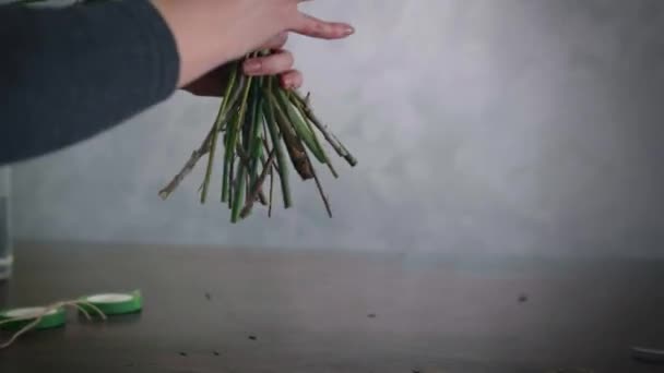 꽃 가게에서 꽃 장사를 하는 여자가 꽃 가게에서 꽃 다발을 만들어 말린 자 두와 꽃꽂이 개념으로 줄기를 자른다 — 비디오