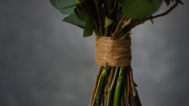 Hobby florist, close-up of stems tied with twine in bouquet revolve on dark background close-up, flower design — ストック動画