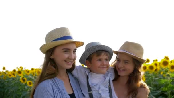 Ritratto di fratelli felici in cappelli di paglia divertirsi insieme sul campo di girasole giallo — Video Stock