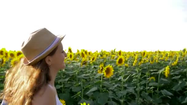 Sunflowers field, happy girlfriends in straw hats have fun together and walk by the hands in fresh air — Stockvideo
