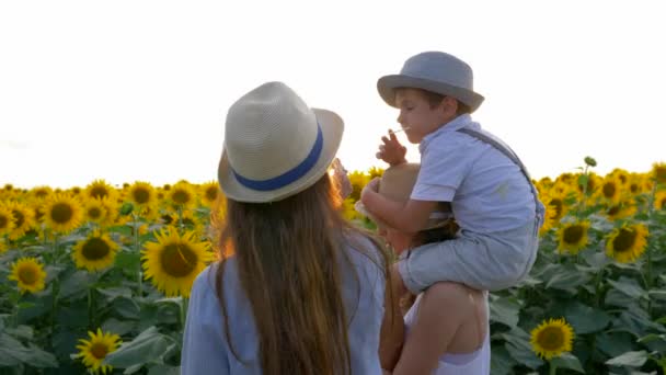 Село, веселі діти їдять солодкі цукерки під час прогулянки в чудовому жовтому полі з соняшниками в сонячному світлі — стокове відео