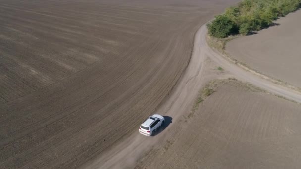 Jazdy samochodem po drodze między polami z uprawą gleby jesienią — Wideo stockowe