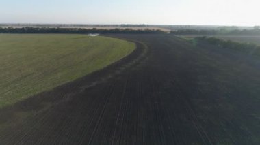 Çiftçilik, çift kanatlı uçaklar tarlada buğdayla uçuyor ve zararlılara karşı kimyasallar sıçrıyor kuş bakışı vintage motorlu uçaklar tarlaların üzerinde çok güzel uçuyor.