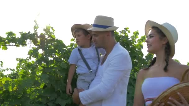 Agricultura, familia rural feliz con lindo niño recoge la cosecha de viñedo en la plantación — Vídeos de Stock