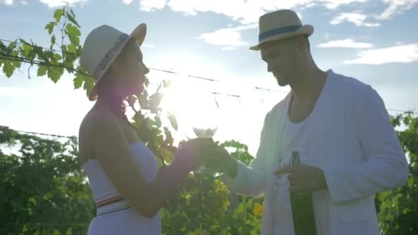 Happy farmer treats rural girl with wine of autumn harvest and flirts on vineyard plantation in bright sunlight — Stock Video