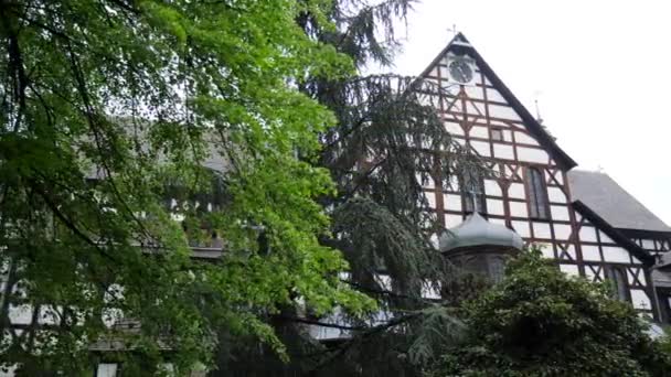 Hermoso paisaje, gran edificio religioso de madera junto a los árboles — Vídeo de stock