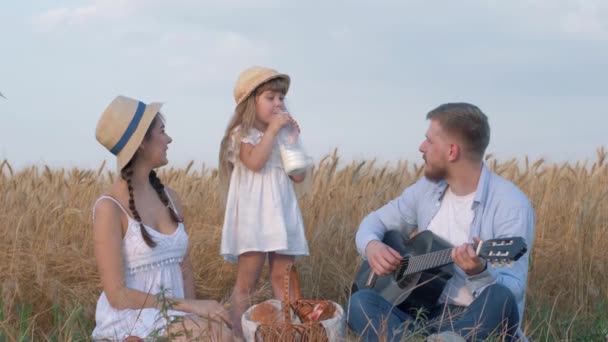 Familj utomhus underhållning, unga par skrattar åt mjölk morrhår av sin dotter när stilig man spelar sträng musikinstrument på utsidan picknick i gyllene skördade säd säsongsfält — Stockvideo