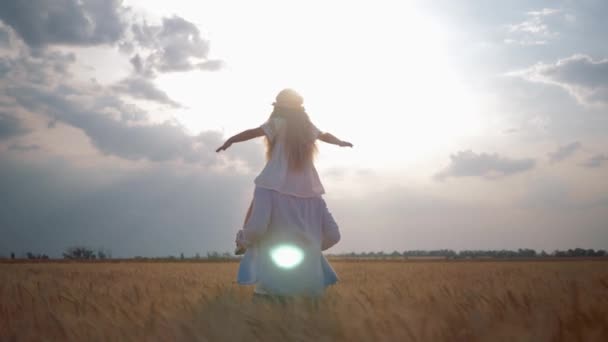 Fatherhood leisure outdoor, cheerful dad runs with fair child girl on his shoulders which spreads hands to sides making plane in harvest season of grain wheat field in sunrise backlight — Stock Video