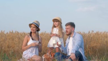 Açık hava aile pikniği, küçük kız çocuklu mutlu genç çift pişmiş çörekler ve sarı buğday tarlasında sütle gezintiler sırasında uzak yerlere bakıyor hasat zamanı.