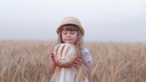 Betakarítás, kis szép gyerek lány harap ízletes sült kenyér és mosolyog a kirándulások során aranybetakarítás gabona búzamező — Stock videók