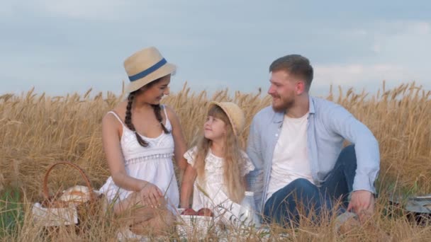 Familia joven feliz, padres alegres con abrazo niña pequeña y mirarse sonriendo y sentado en la salida en la cosecha de grano campo de cebada otoño brillando por el sol — Vídeos de Stock