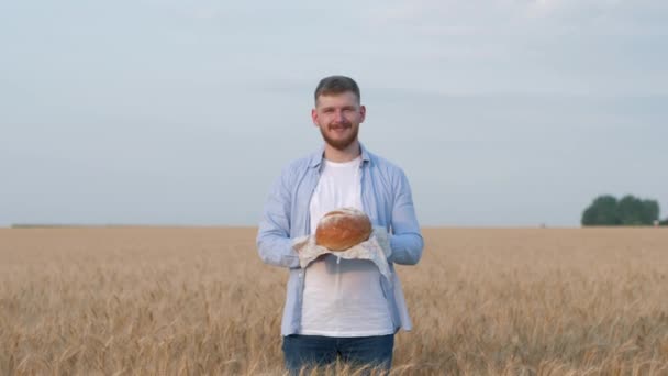Cosecha de joven agrónomo, hombre feliz le da pan recién horneado y sonrisas en la cámara de pie en el campo de trigo grano madurado durante la temporada de cosecha — Vídeo de stock
