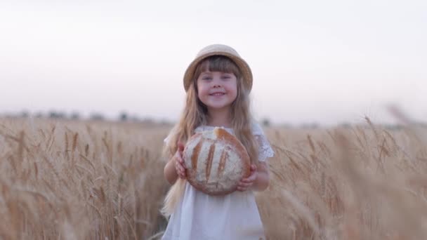 Infância de pão saboroso, pequena menina bonito morde pão recém-assado e sorri comendo-o no campo de trigo de grão dourado no momento da colheita contra o céu — Vídeo de Stock