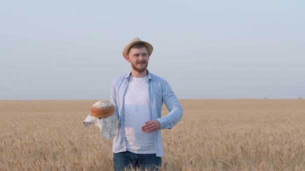 Вкусный запах хлеба, молодой человек держит свежеиспеченный хлеб в руке, нюхает его и подарки с руки обширным зерном ячменного поля в урожайный осенний сезон — стоковое видео
