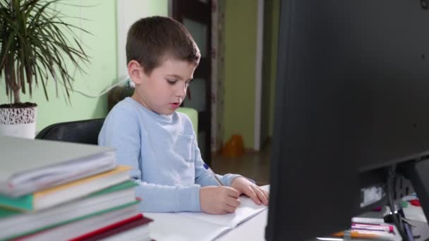 Smart elementary school student learns lessons at home sitting at computer and watches video broadcast of lesson with teacher on monitor screen — Stock Video