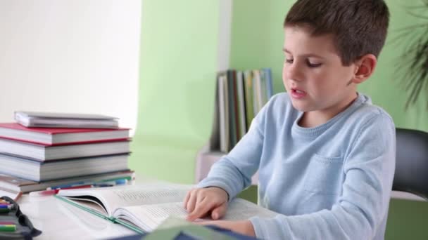 Τα παιδιά μαθαίνουν, σχολιαρόπαιδο στο σχολείο στο σπίτι κάνει την εργασία του διαβάζει το βιβλίο — Αρχείο Βίντεο