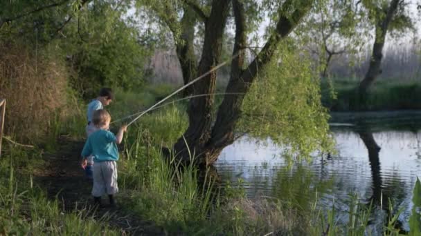Outdoor activities, cute boys by river play with sticks in water — Stock Video