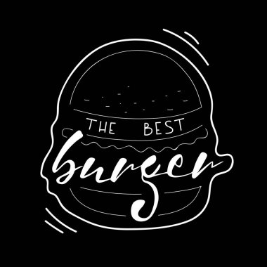 En iyi burger yazı vektör çizim. Vektör el boyalı burger metin çizimi. Fast food. Elle çizilmiş alıntı siyah arka plan üzerine yazı