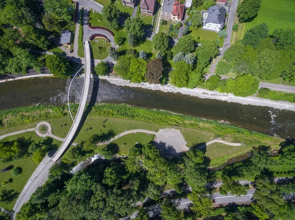 Luchtfoto Van Boerenbrug Olse Tussen Cieszin Tsjechische Tesin Grens Tussen Rechtenvrije Stockafbeeldingen