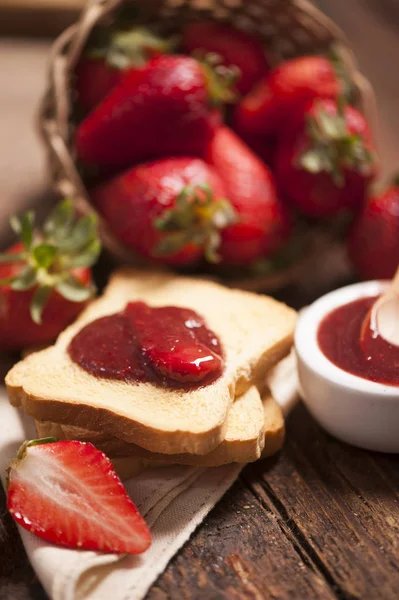Toast snack with strawberry jam — Stock Photo, Image