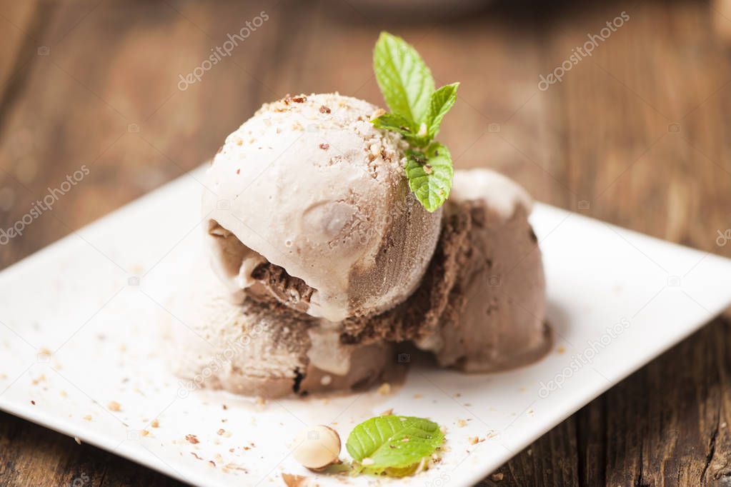 Fresh hazelnut ice cream on a plate close up