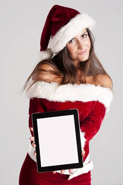 Mulher em Santa Fantasia Segurando Tablet Branco Pc — Fotografia de Stock