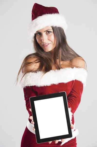 Mulher em Santa Fantasia Segurando Tablet Branco Pc — Fotografia de Stock