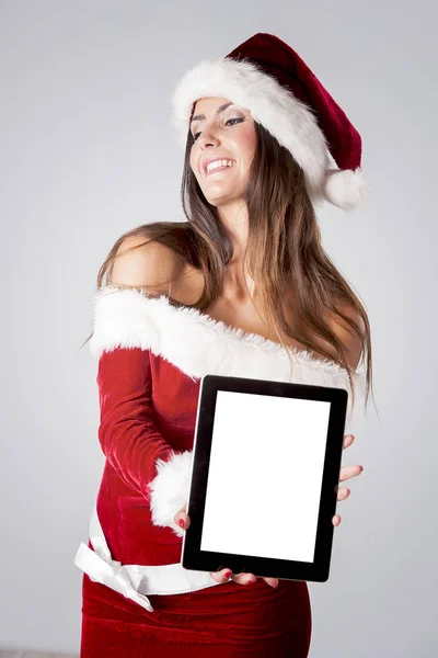 Mulher em Santa Fantasia Segurando Tablet Branco Pc — Fotografia de Stock