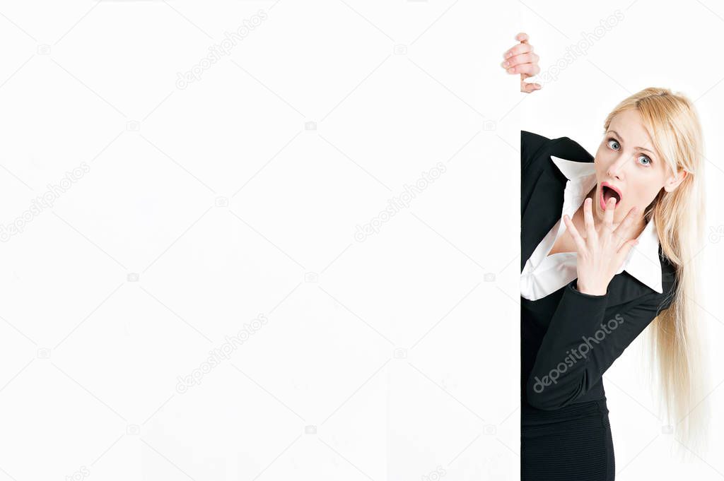 Business woman showing a blank sign board isolated on white
