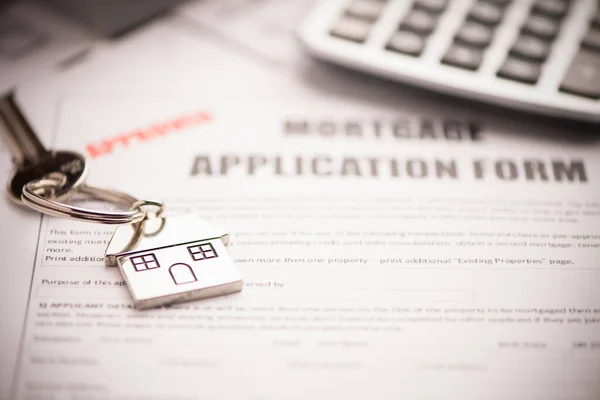 Pusty Formularz Wniosku Kredyt Hipoteczny Koncepcjami Pracy Klucza Domowego — Zdjęcie stockowe