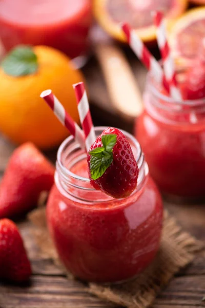 Strawberry Smoothie Glass Jar Old Wood Table Close — Stock Photo, Image