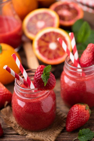 Strawberry Smoothie Glass Jar Old Wood Table Close — Stock Photo, Image