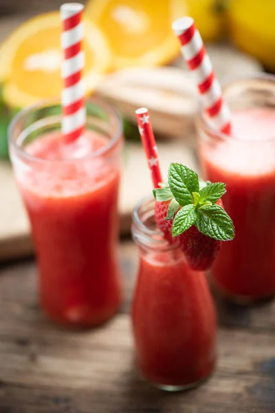 Strawberry Smoothies Decorate Fresh Fruits Wooden Table Close — Stock Photo, Image